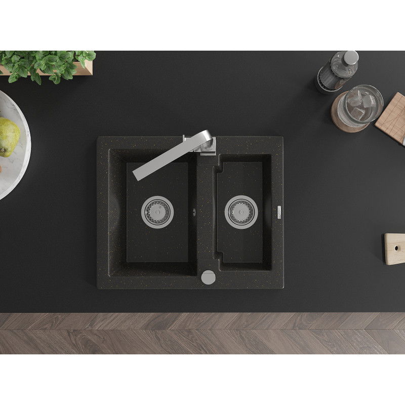 Mexen Carlos gránit mosogató 1,5 rekeszes Rita konyhai csaptelep, fekete/arany metál - 6518-75-670300-00