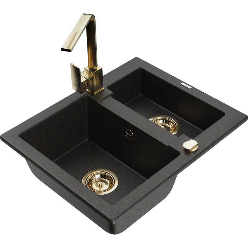 Mexen Carlos chiuvetă din granit cu 1,5 cuve cu baterie de bucătărie Rita, negru/auriu metalizat - 6518-75-670300-50
