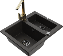 Mexen Carlos chiuvetă de bucătărie granit cu 1,5 compartimente și baterie Rita, negru/auriu metalizat - 6518-75-670300-50-B