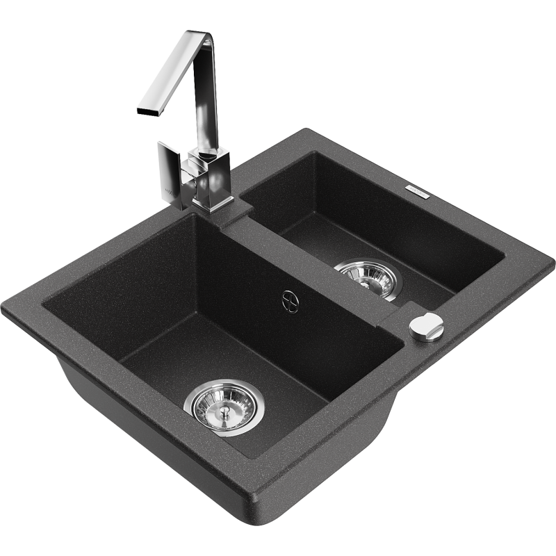 Mexen Carlos chiuvetă de granit cu 1,5 compartimente cu robinet de bucătărie Rita, negru pătat - 6518-76-670300-00
