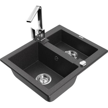 Mexen Carlos chiuvetă de granit cu 1,5 compartimente cu robinet de bucătărie Rita, negru pătat - 6518-76-670300-00