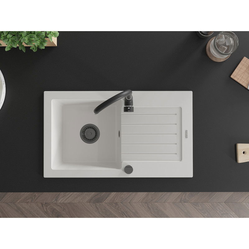 Mexen Pablo 1-medencés gránit mosogató lecsurgóval és Telma konyhai csapteleppel, fehér - 6510-20-670200-70