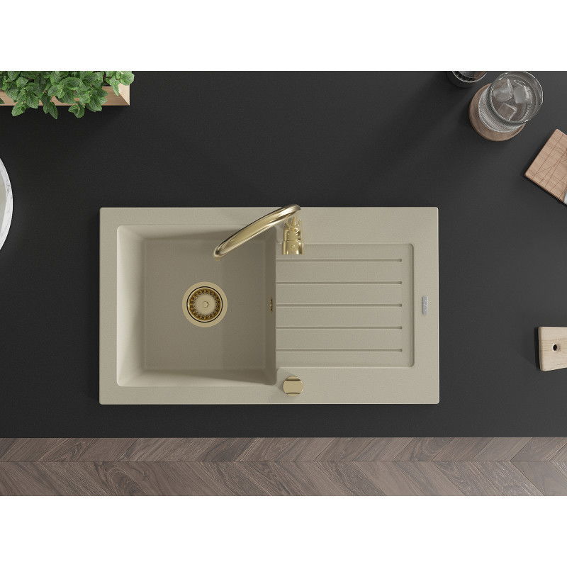 Mexen Pablo egymedencés gránit mosogató csepegtetővel és Telma konyhai csapteleppel, bézs - 6510-69-670200-50