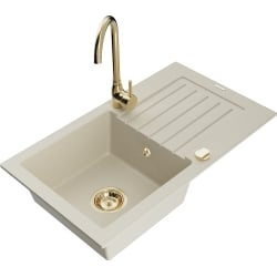 Mexen Pablo chiuvetă din granit cu 1 cameră și picurător și baterie de bucătărie Telma, bej - 6510-69-670200-50