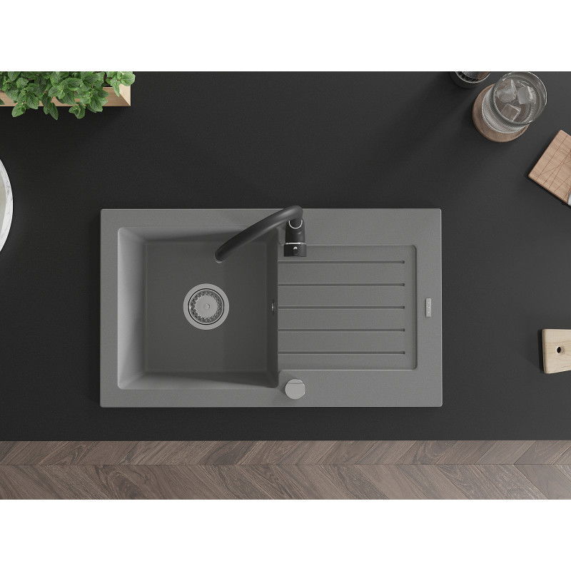Mexen Pablo egymedencés gránit mosogató csepegtetővel és Telma konyhai csapteleppel, szürke - 6510-71-670200-70