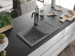 Mexen Pablo chiuvetă de granit cu o singură cuvă cu scurgător și baterie de bucătărie Telma, gri - 6510-71-670200-70-B