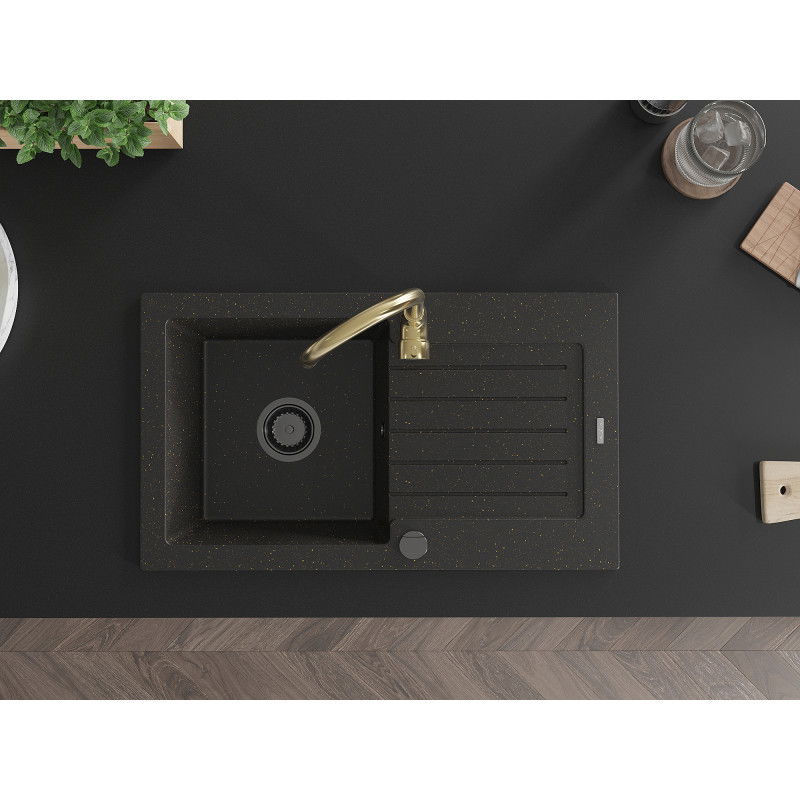 Mexen Pablo egymedencés gránit mosogató csepptálcával és Telma konyhai csapteleppel, fekete/arany - 6510-75-670200-50-B