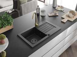 Mexen Pablo chiuvetă de bucătărie din granit cu 1 cuvă cu scurgător și baterie Telma, negru/auriu - 6510-75-670200-50-B