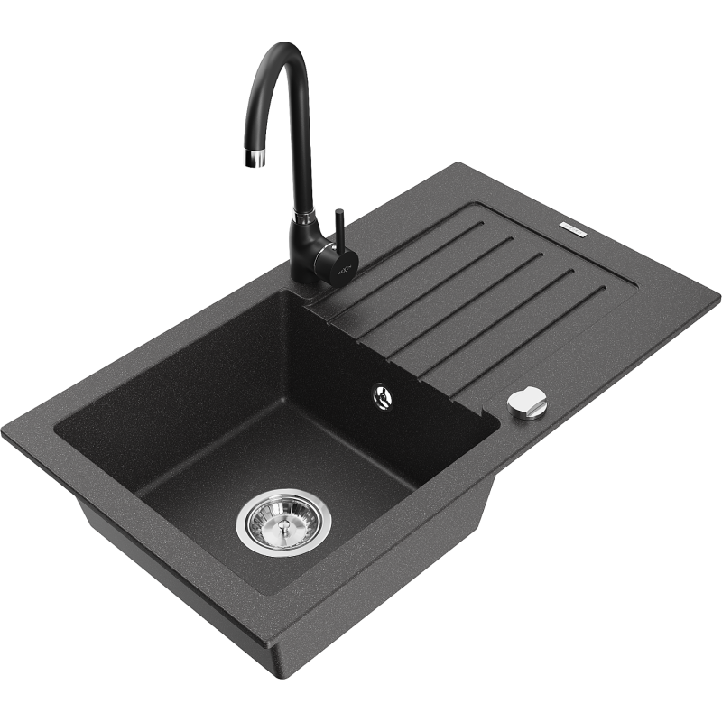 Chiuvetă de granit Mexen Pablo cu 1 compartiment cu picurător și baterie de bucătărie Telma, negru cu pete - 6510-76-670200-70