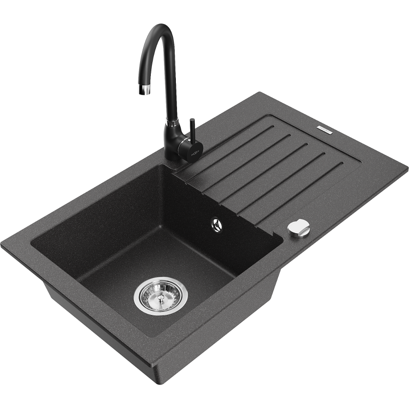 Mexen Pablo chiuvetă de granit cu o singură cuvă, cu picurător și baterie de bucătărie Telma, negru pătat