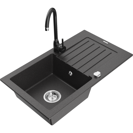 Chiuvetă de granit Mexen Pablo cu 1 compartiment cu picurător și baterie de bucătărie Telma, negru cu pete - 6510-76-670200-70