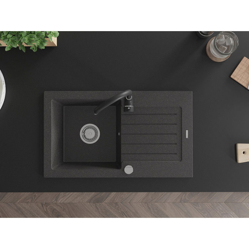 Mexen Pablo chiuvetă de granit cu o singură cuvă, cu picurător și baterie de bucătărie Telma, negru pătat
