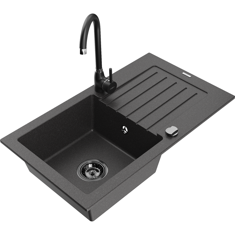 Mexen Pablo egymedencés gránit mosogató csepegtetővel és Telma konyhai csapteleppel, fekete pöttyös - 6510-76-670200-70-B
