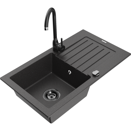 Mexen Pablo egymedencés gránit mosogató csepegtetővel és Telma konyhai csapteleppel, fekete pöttyös - 6510-76-670200-70-B