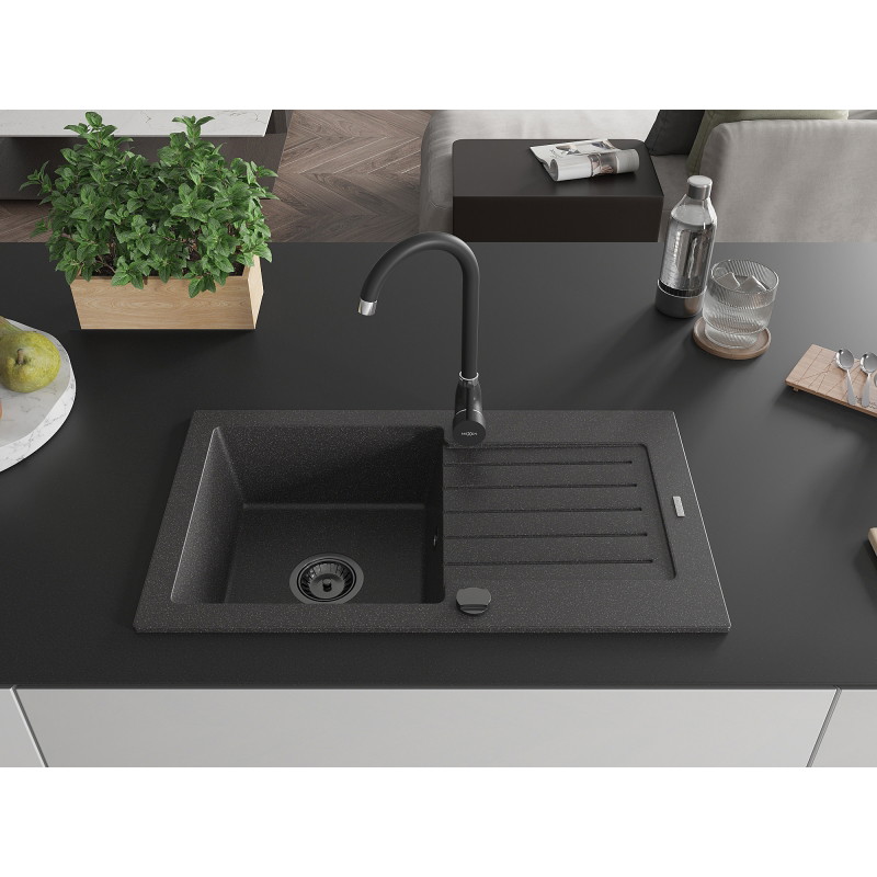 Mexen Pablo chiuvetă de granit cu o bazin cu picurător și baterie de bucătărie Telma, negru cu pete - 6510-76-670200-70-B