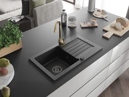 Mexen Pablo gránit egymedencés mosogató csepegtetővel és Telma konyhai csapteleppel, fekete - 6510-77-670200-50-B