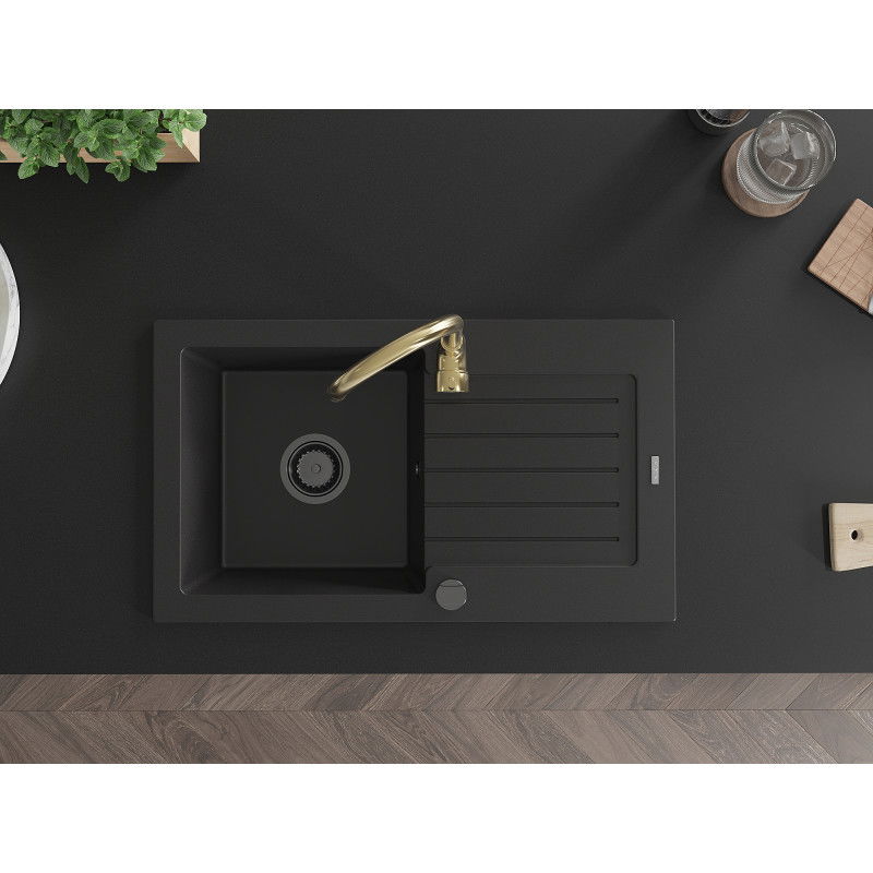 Mexen Pablo gránit egymedencés mosogató csepegtetővel és Telma konyhai csapteleppel, fekete - 6510-77-670200-50-B