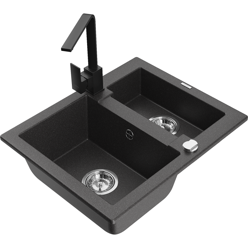 Mexen Carlos chiuvetă de granit cu 1,5 cuve și baterie de bucătărie Rita, negru stropit - 6518-76-670300-70