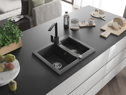 Mexen Carlos chiuvetă de granit cu 1,5 cuve și baterie de bucătărie Rita, negru stropit - 6518-76-670300-70