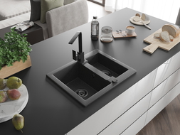 Mexen Carlos chiuvetă granit 1,5-camere cu baterie de bucătărie Rita, negru stropit - 6518-76-670300-70-B