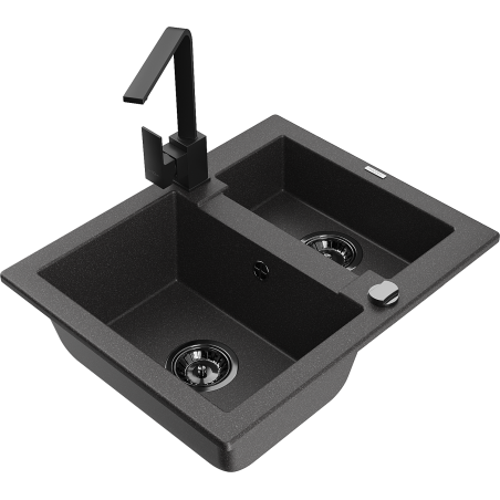 Mexen Carlos chiuvetă granit 1,5-camere cu baterie de bucătărie Rita, negru stropit - 6518-76-670300-70-B