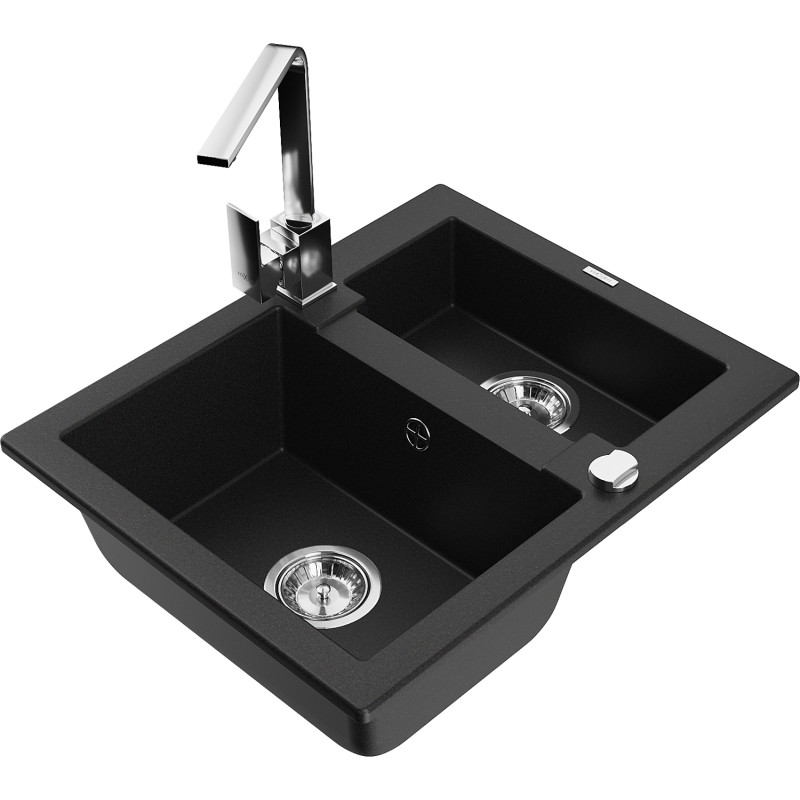 Mexen Carlos chiuvetă de bucătărie din granit cu 1,5 cuve și baterie de bucătărie Rita, negru - 6518-77-670300-00