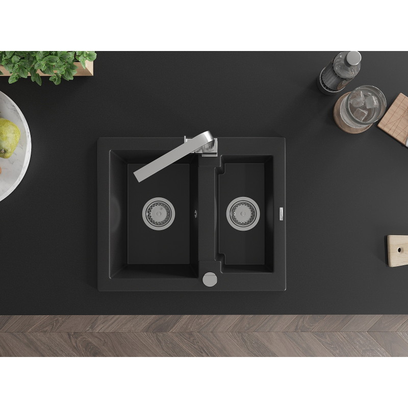 Mexen Carlos gránit mosogató 1,5 rekeszes Rita konyhai csapteleppel, fekete - 6518-77-670300-00