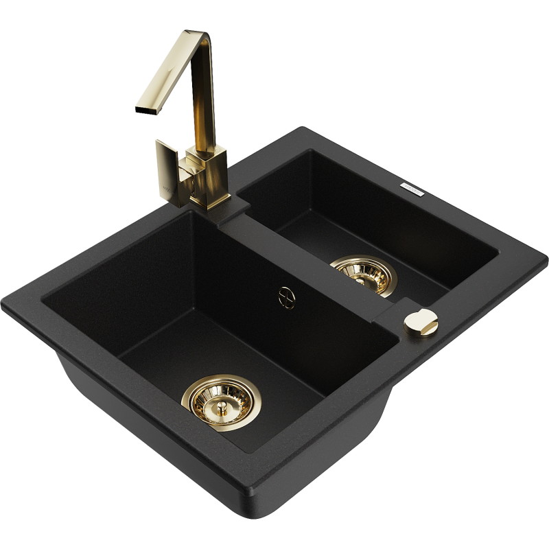 Mexen Carlos chiuvetă de bucătărie granit, 1,5 camere, cu baterie Rita, negru - 6518-77-670300-50