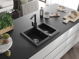 Mexen Carlos chiuvetă de granit 1,5 compartimente cu baterie de bucătărie Rita, negru - 6518-77-670300-70