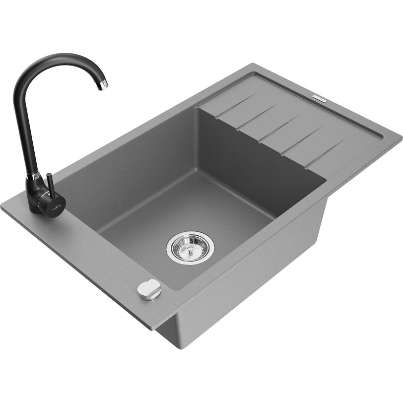 Mexen Elias chiuvetă granit de bucătărie, 1 compartiment, cu scurgător și baterie Telma, gri - 6511-71-670200-70