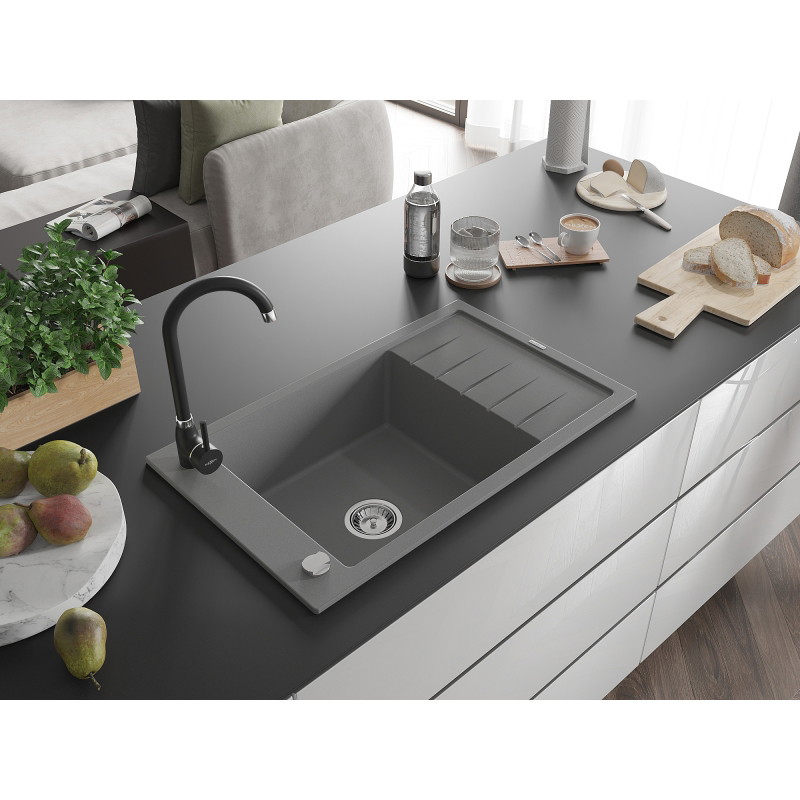 Mexen Elias chiuvetă de granit 1-cameră cu scurgere și baterie de bucătărie Telma, gri - 6511-71-670200-70