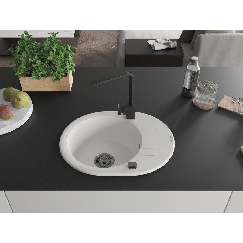 Mexen Kevin chiuvetă din granit cu 1 compartiment cu picurător și baterie de bucătărie Rita, alb - 6517-20-670300-70