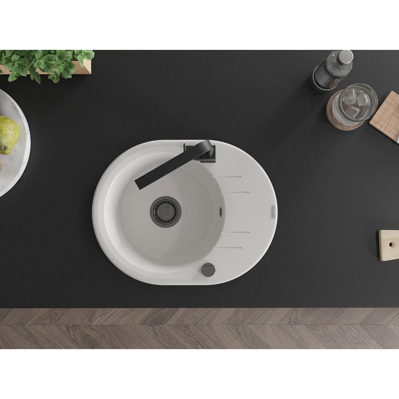 Mexen Kevin 1-medencés gránit mosogató csepegtetővel és Rita konyhai csappal, fehér - 6517-20-670300-70