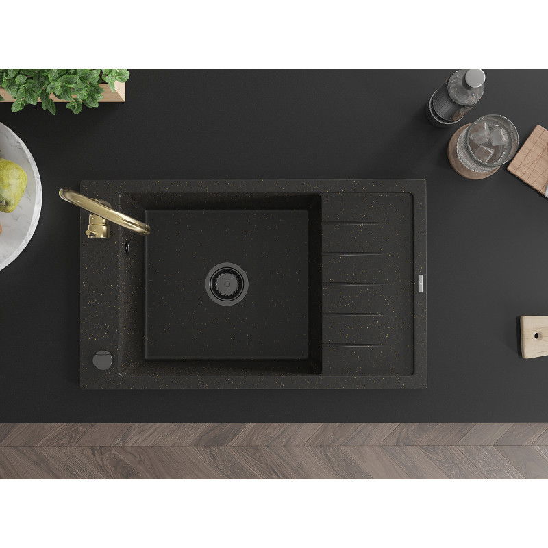 Mexen Elias egymedencés gránit mosogató csepegtetővel és Telma konyhai csappal, fekete/arany - 6511-75-670200-50-B