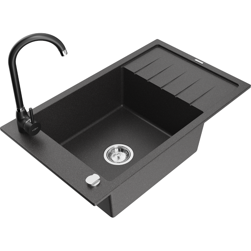 Mexen Elias gránit mosogató 1-medencés csepegtetővel és Telma konyhai csapteleppel, fekete pöttyös - 6511-76-670200-70