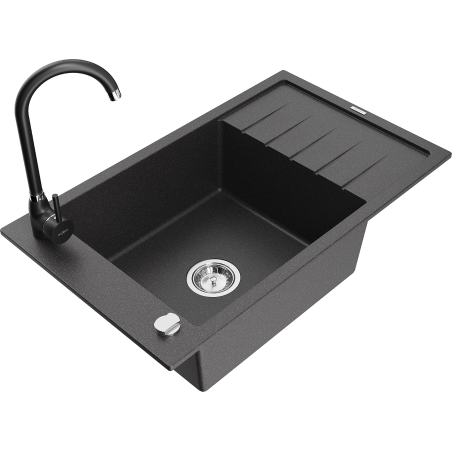 Mexen Elias gránit mosogató 1-medencés csepegtetővel és Telma konyhai csapteleppel, fekete pöttyös - 6511-76-670200-70