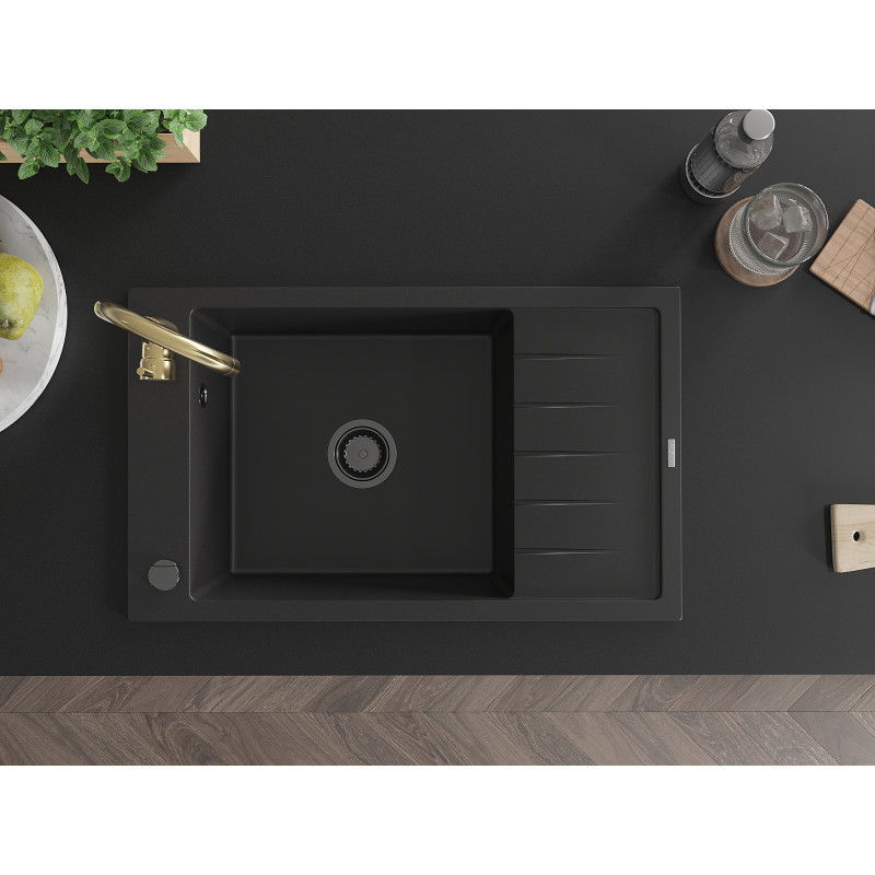 Mexen Elias gránit egytálcás mosogató csepegtetővel és Telma konyhai csapteleppel, fekete - 6511-77-670200-50-B