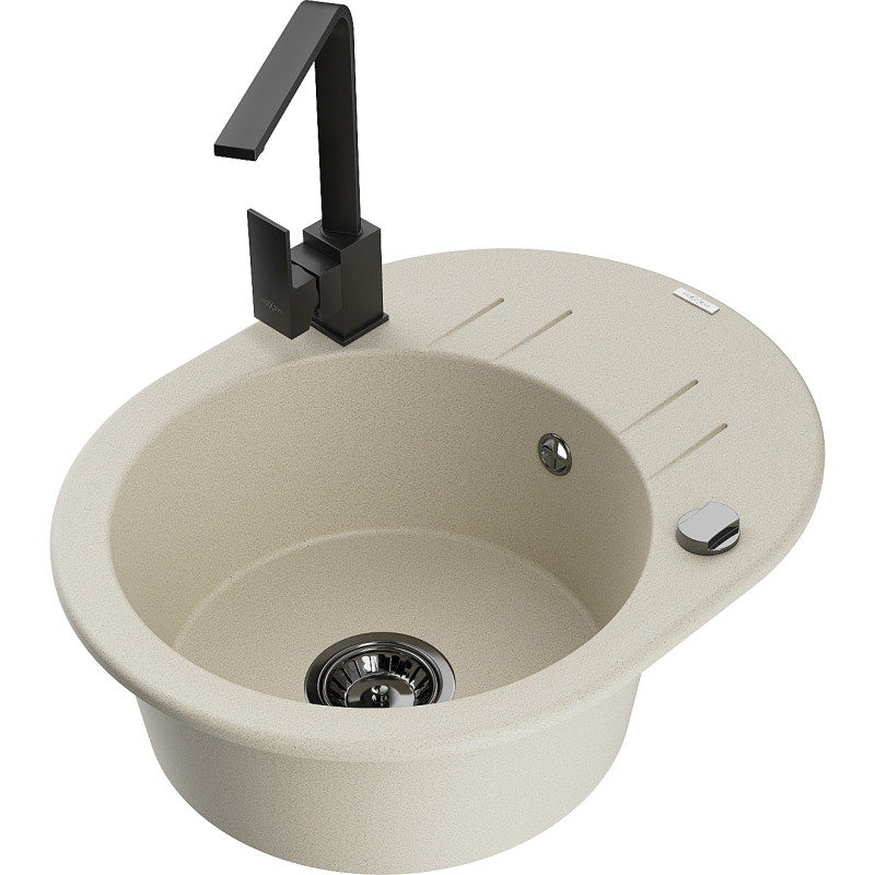 Mexen Kevin chiuvetă de bucătărie din granit cu 1 cameră cu scurgător și baterie Rita, bej - 6517-69-670300-70