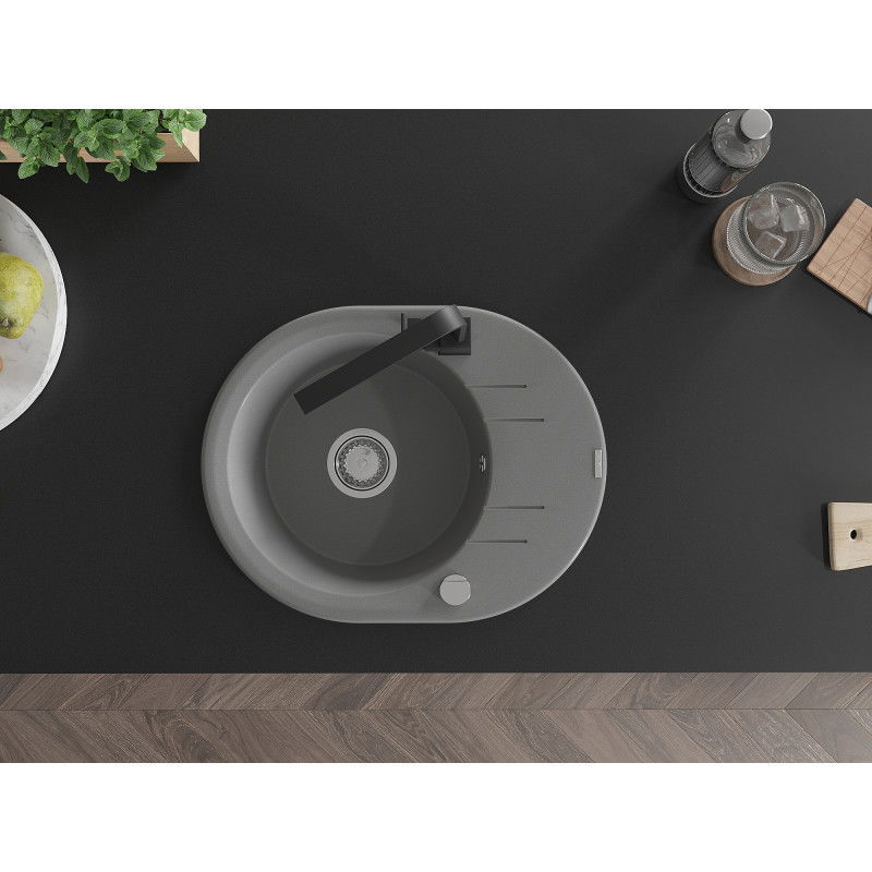 Mexen Kevin chiuvetă din granit cu 1 compartiment cu picurător și baterie de bucătărie Rita, gri - 6517-71-670300-70
