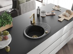 Chiuvetă granit Mexen Kevin cu 1 compartiment, cu scurgător și baterie de bucătărie Rita, negru/argintiu - 6517-73-670300-50