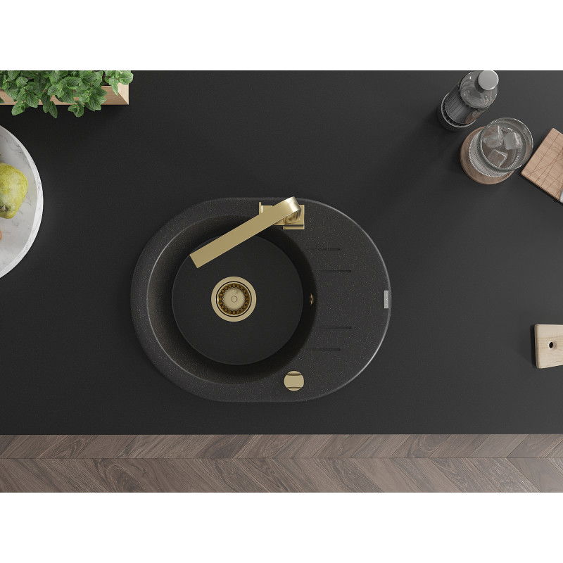 Mexen Kevin chiuvetă din granit cu 1 compartiment cu picurător și baterie de bucătărie Rita, negru/argintiu - 6517-73-670300-50