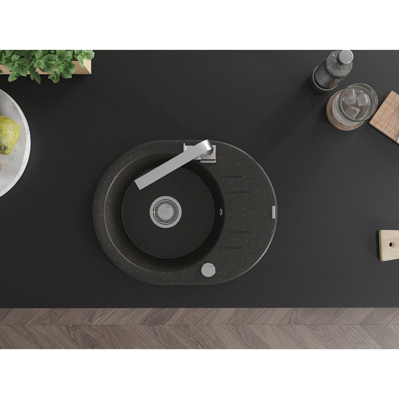 Mexen Kevin chiuvetă granit 1-cameră cu scurgător și baterie de bucătărie Rita, negru/auriu metalic - 6517-75-670300-00