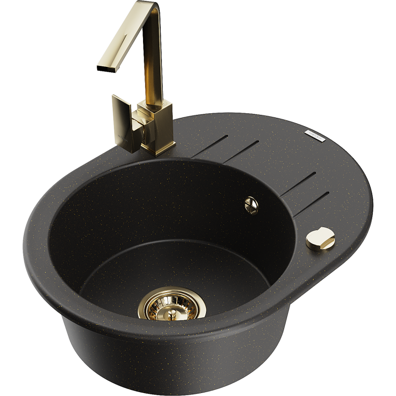 Mexen Kevin chiuvetă de granit cu o cuvă cu scurgător și baterie de bucătărie Rita, negru/auriu metalic