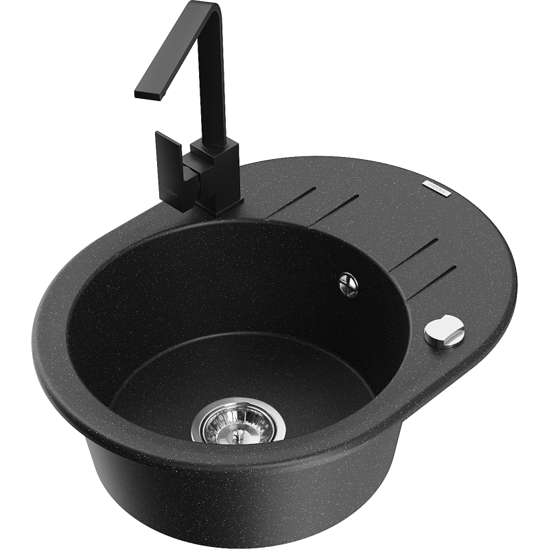 Mexen Kevin chiuvetă din granit cu 1 cameră cu scurgător și baterie de bucătărie Rita, negru/auriu metalic