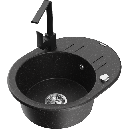 Mexen Kevin chiuvetă din granit cu 1 cameră cu scurgător și baterie de bucătărie Rita, negru/auriu metalic