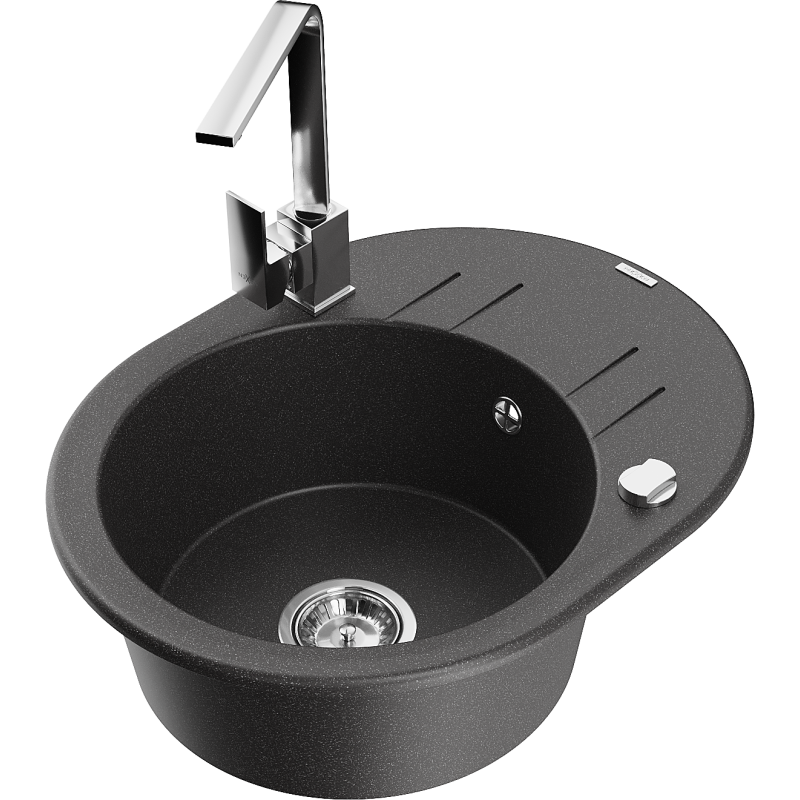 Mexen Kevin chiuvetă de granit cu o singură cuvă, cu scurgător și baterie de bucătărie Rita, negru cu stropi