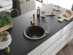 Mexen Kevin chiuvetă de granit cu 1 compartiment, cu scurgător și baterie de bucătărie Rita, negru pătat - 6517-76-670300-50