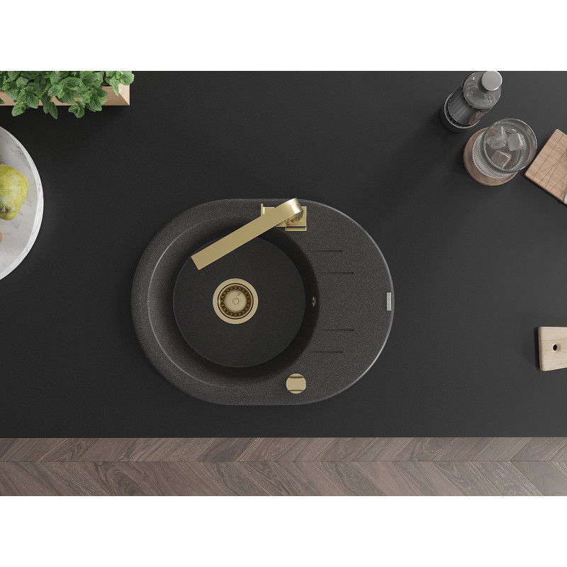 Mexen Kevin gránit mosogató 1-medencés csepegtetővel és Rita konyhai csapteleppel, fekete pöttyös - 6517-76-670300-50