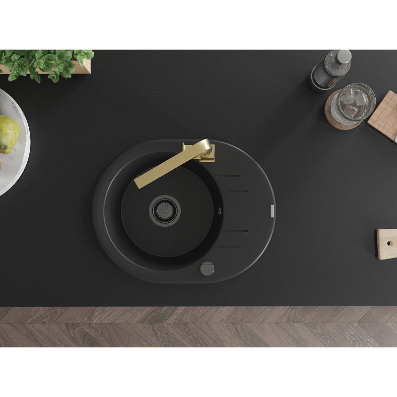 Mexen Kevin chiuvetă de granit cu 1 compartiment cu scurgător și baterie de bucătărie Rita, negru - 6517-77-670300-50-B