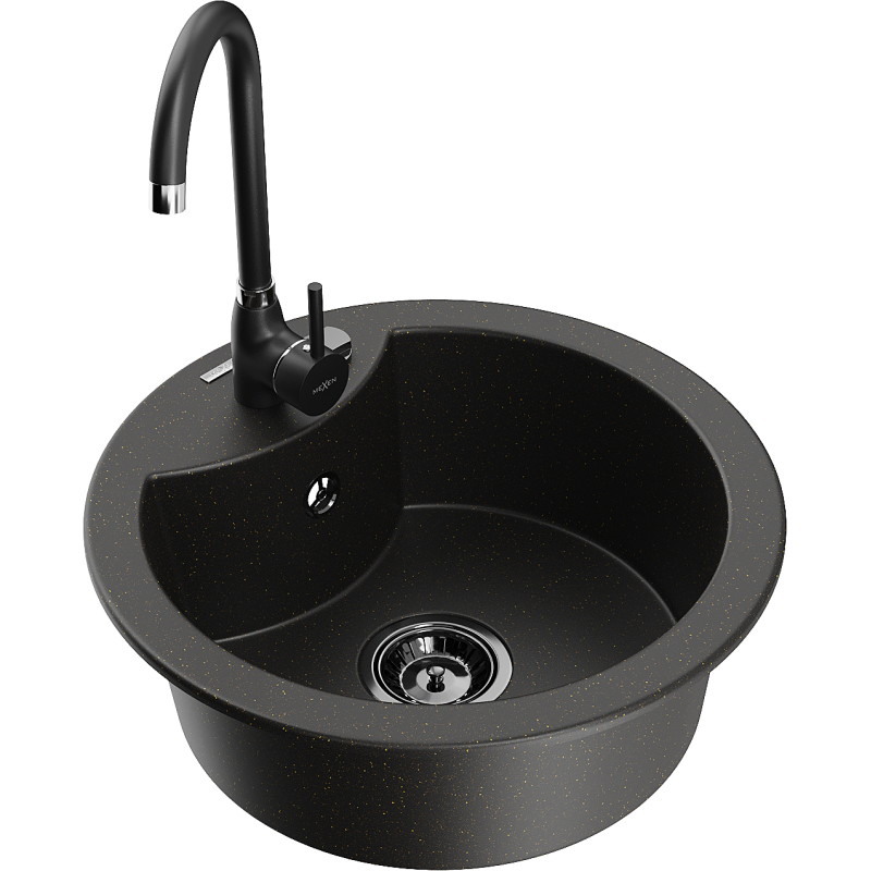 Mexen Diego chiuvetă de granit cu o cuvă cu baterie de bucătărie Telma, negru/auriu - 6512-75-670200-70-B